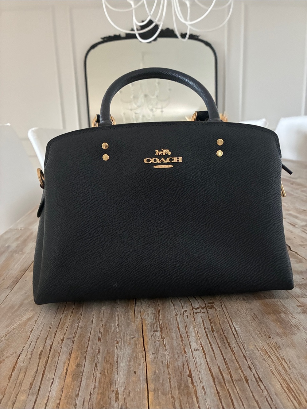 Dark Navy Blue Leather Dome Satchel with Gold Accents